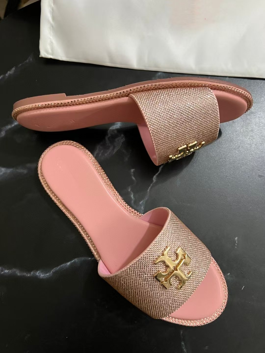 Luxury Brand Ladies leather Shiny TB Sandals Summer Flat Beach Slide Women Sandals