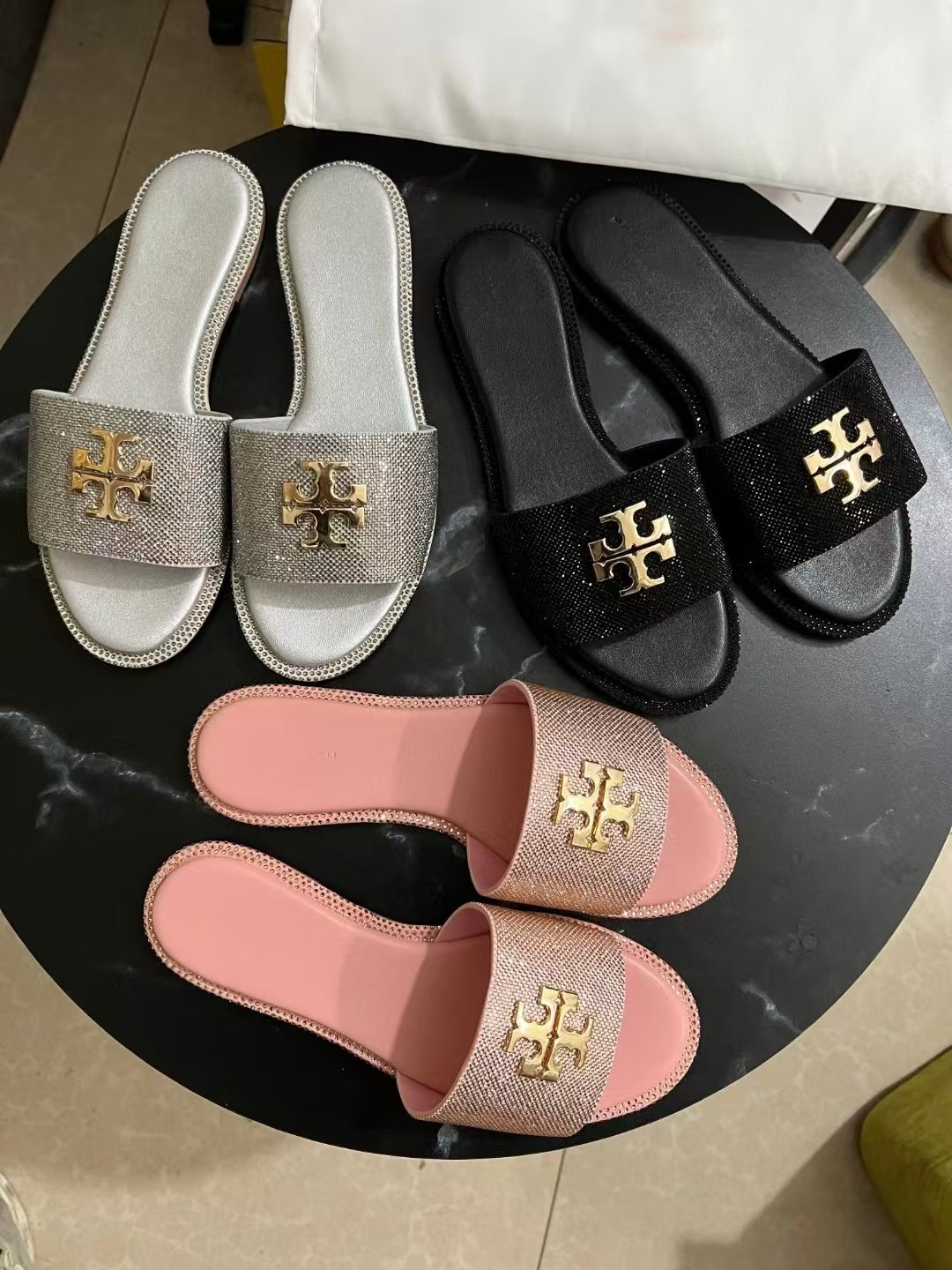 Luxury Brand Ladies leather Shiny TB Sandals Summer Flat Beach Slide Women Sandals