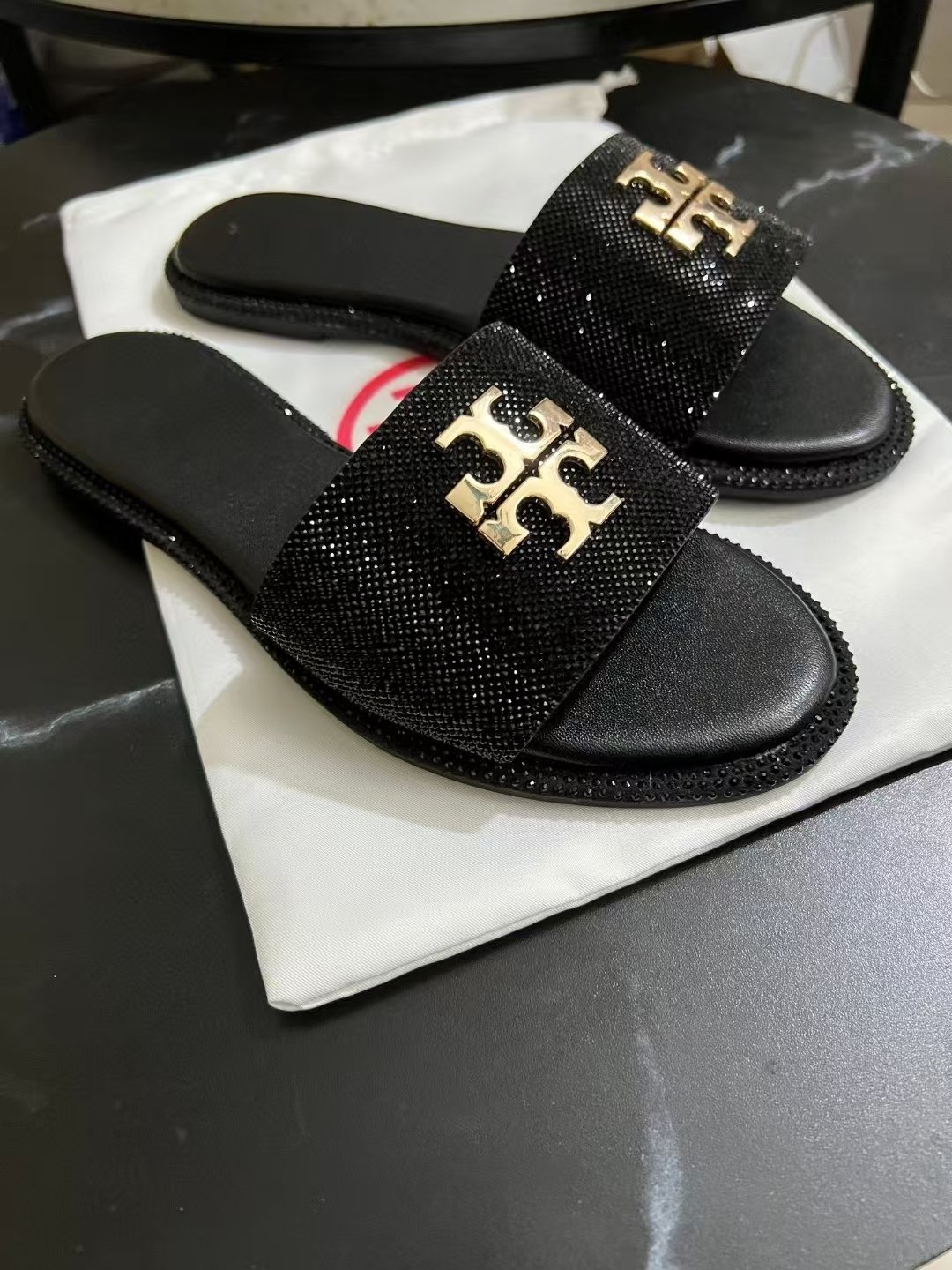 Luxury Brand Ladies leather Shiny TB Sandals Summer Flat Beach Slide Women Sandals