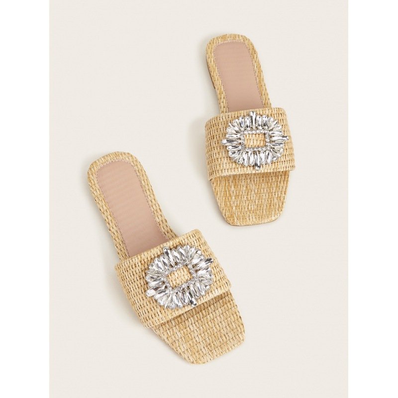Ladies Sandals Sunflower Straw Plaiting Designs Straw Slippers Flat Sandals With Rhinestone Sunflower Slide Slippers For Women