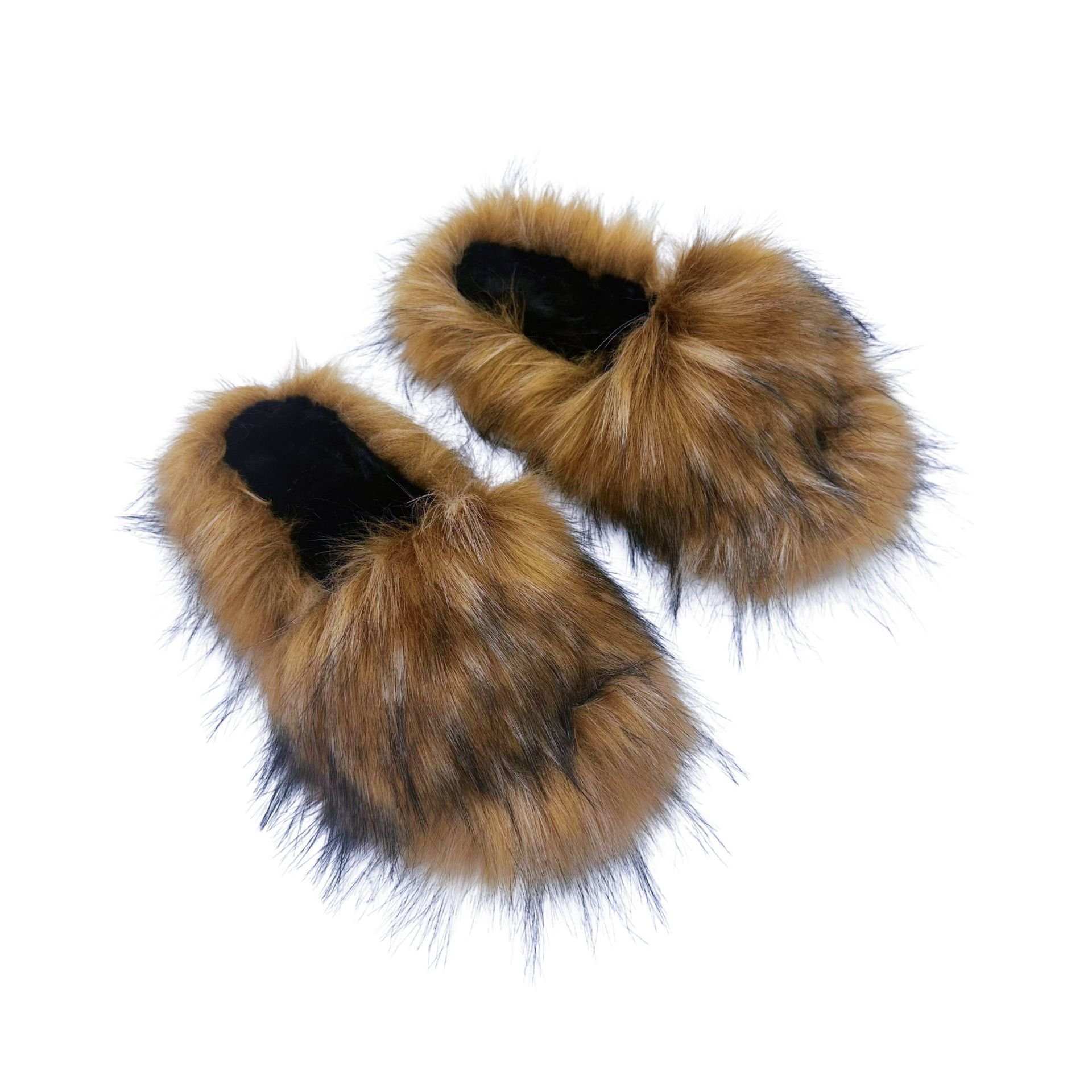 Custom LOGO Open Toe Fluffy Plush Fuzzy Faux Raccoon Hair Fur Slides Slippers for Women