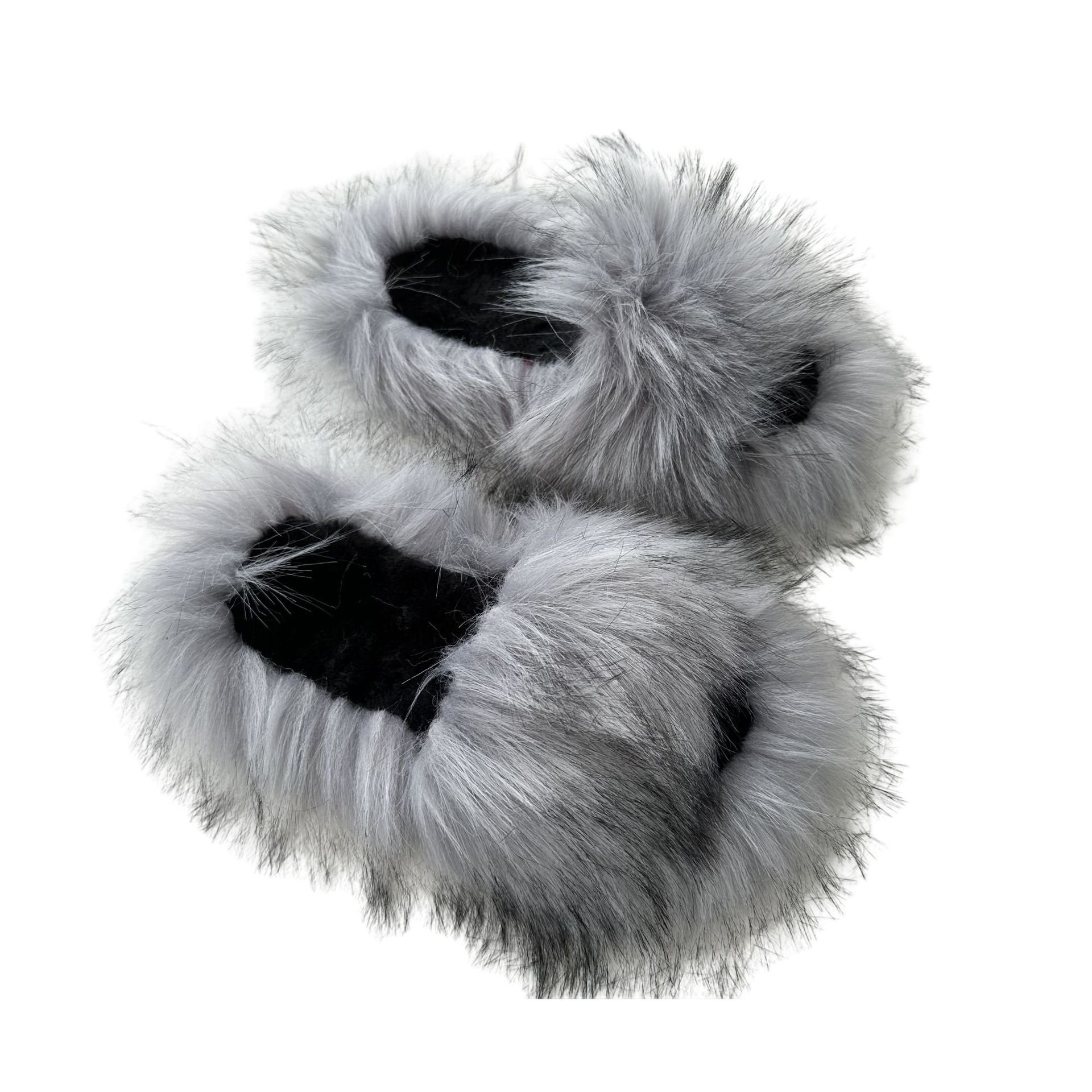 Custom LOGO Open Toe Fluffy Plush Fuzzy Faux Raccoon Hair Fur Slides Slippers for Women
