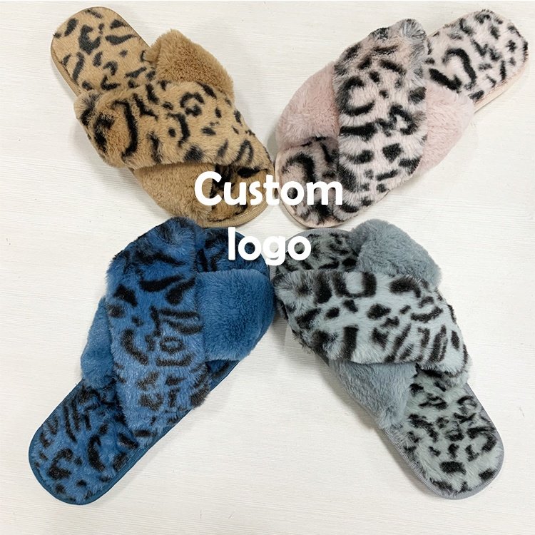 Stock Selling Soft Sole Warm Plush Slides Slippers Women Plus Size Leopard Print Cross Strap Open Toe Slippers