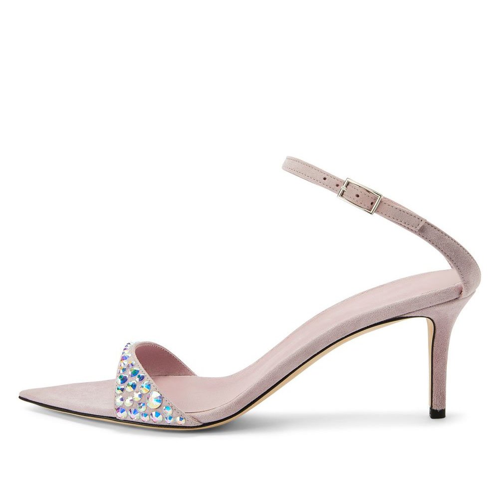 Open Pointed Toe Slippers Ladies Medium High Heels Custom Slide Sandals With Rhinestones Mule Shoes