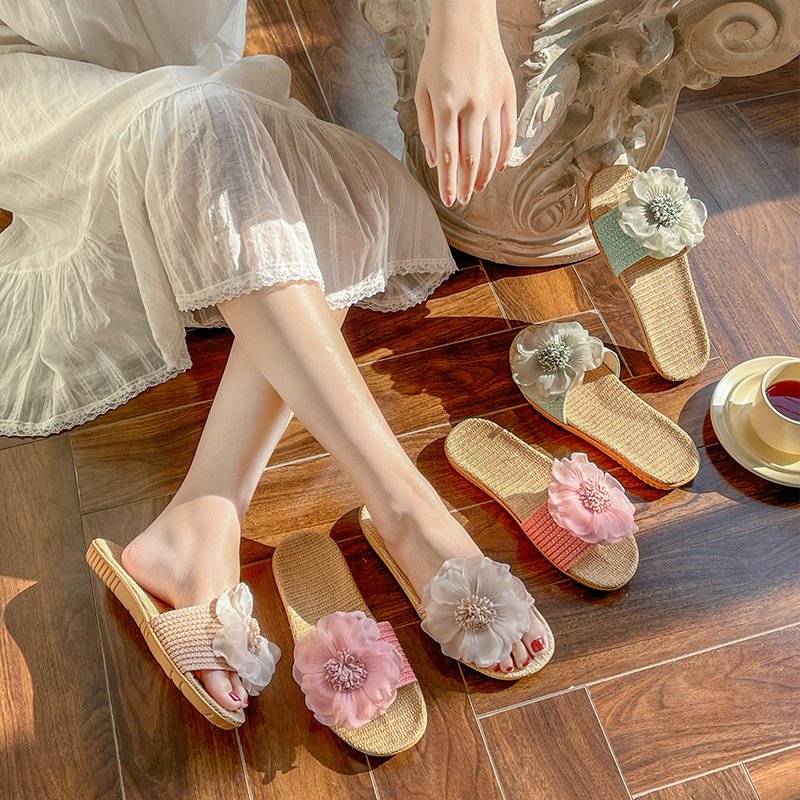 Summer women outdoor beach flat straw slides slippers with flower