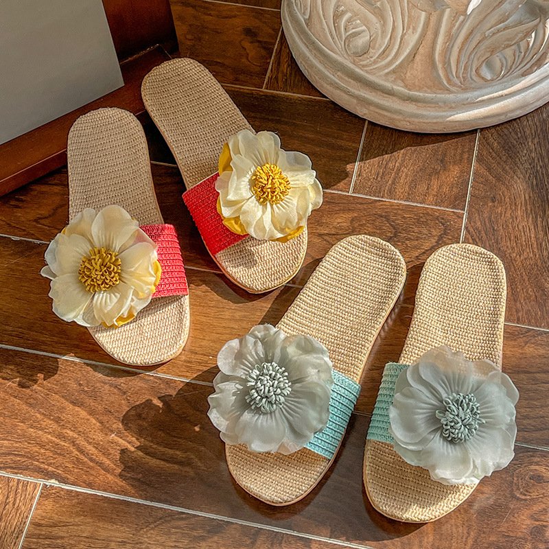 Summer women outdoor beach flat straw slides slippers with flower