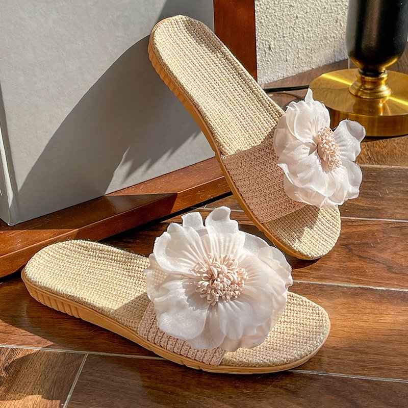Summer women outdoor beach flat straw slides slippers with flower
