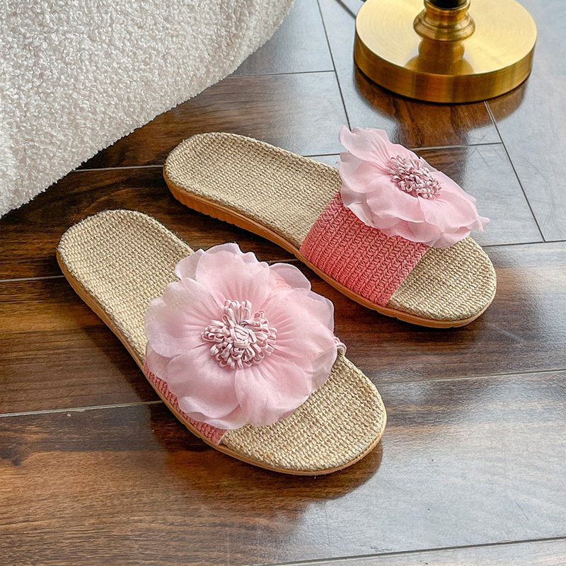 Summer women outdoor beach flat straw slides slippers with flower