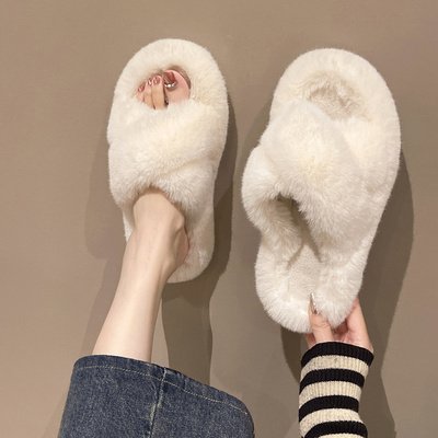 Nicecin Plush Slippers Slide Slippers Wholesale High Quality Luxury Cross Strap Customize Slides Winter Women's Faux Fur PVC