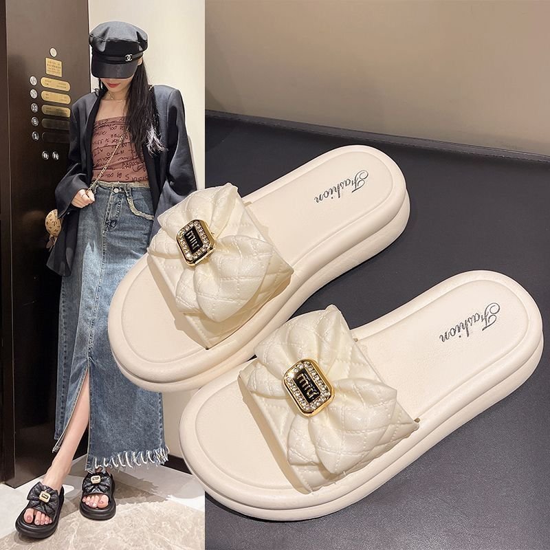 Beach Sandals Bowknot Fashion Thick Sole Non-Slip High Heel Summer Slides Slippers for Women