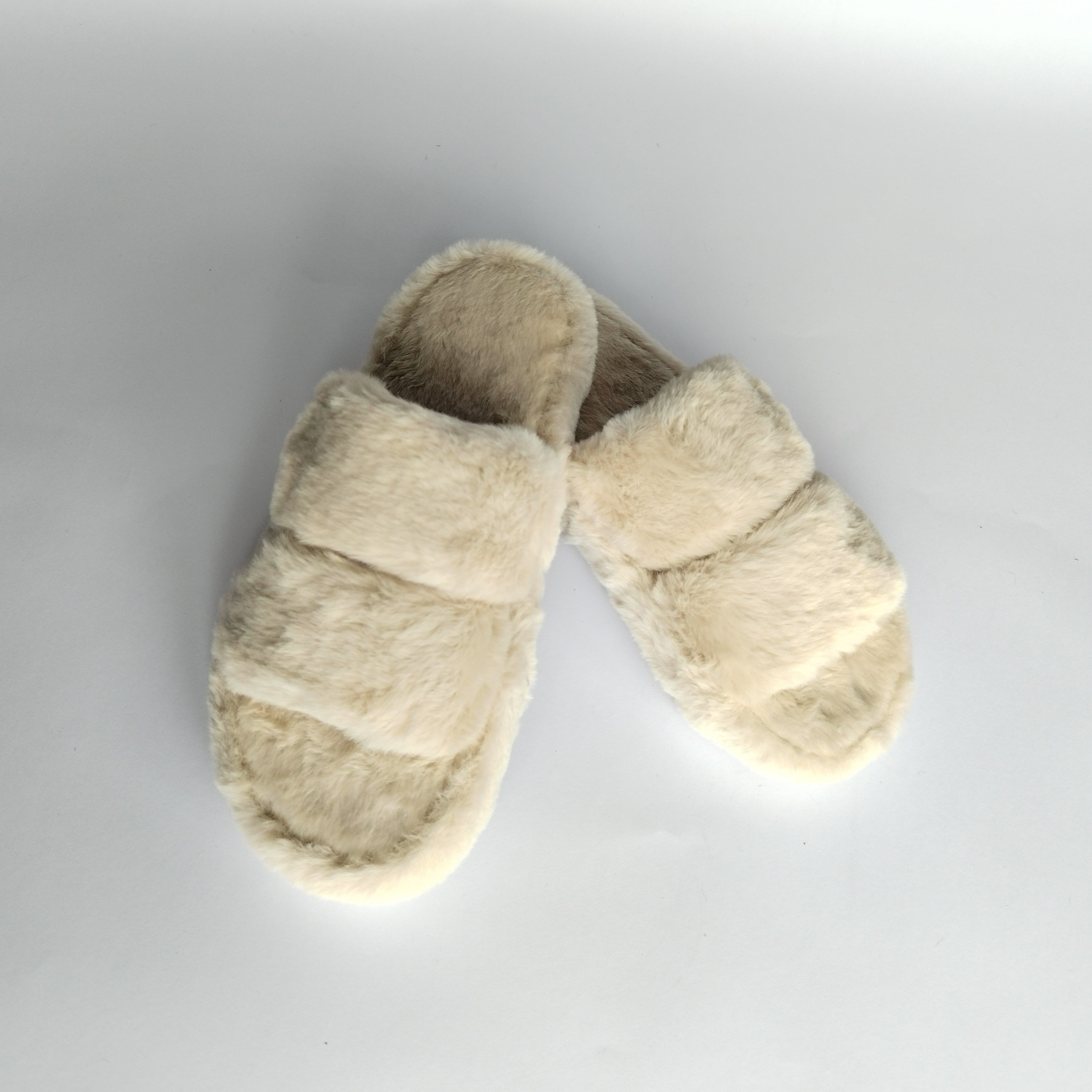 Indoor Plush Double Strip Female Shoes Rabbit Fur Tpr Flat Sole Flats Furry Winter Warm Slippers For Women
