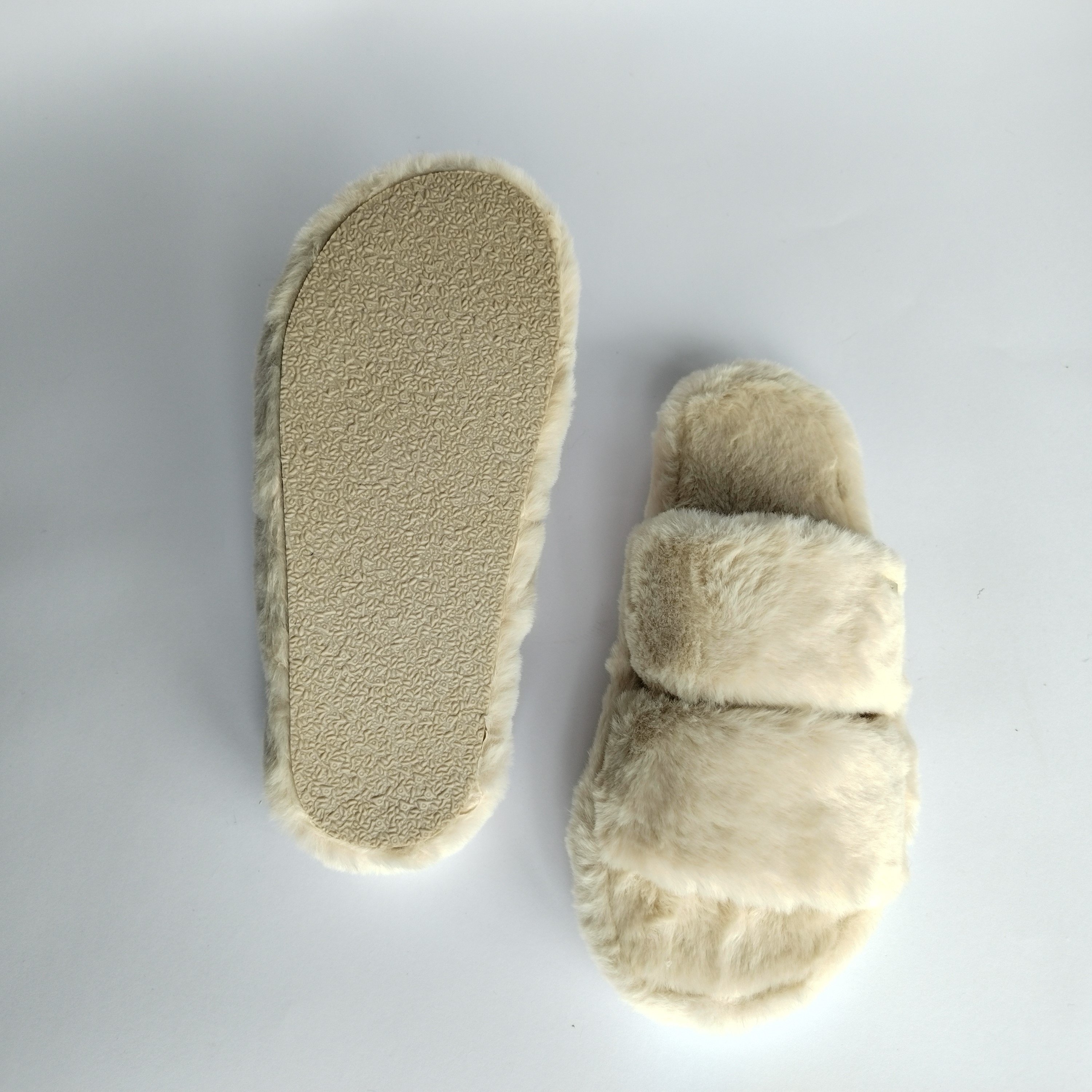 Indoor Plush Double Strip Female Shoes Rabbit Fur Tpr Flat Sole Flats Furry Winter Warm Slippers For Women