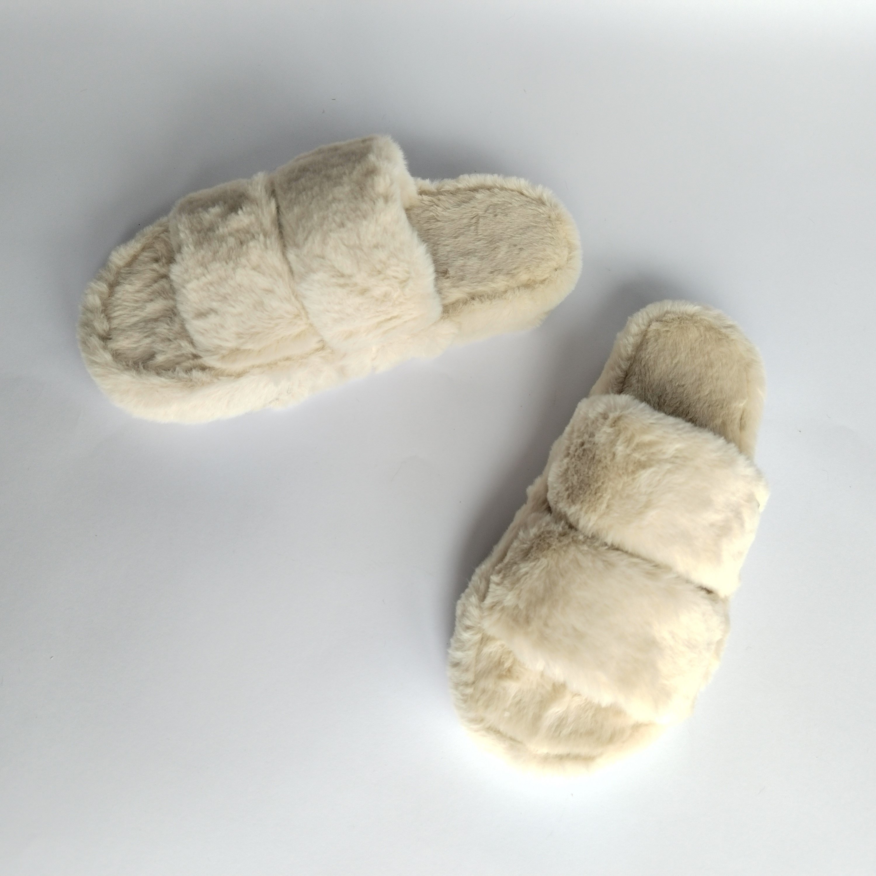 Indoor Plush Double Strip Female Shoes Rabbit Fur Tpr Flat Sole Flats Furry Winter Warm Slippers For Women