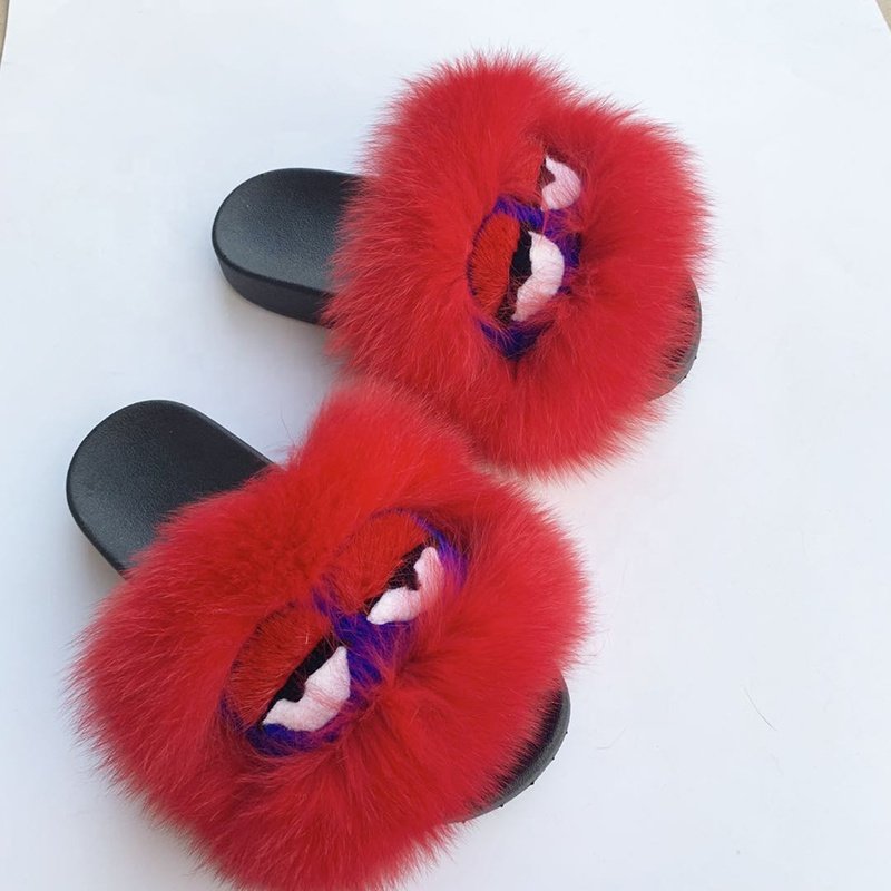 Popular New Design Multicolor Fox Monster Fur Sandals Slides Slippers For women eyes styles