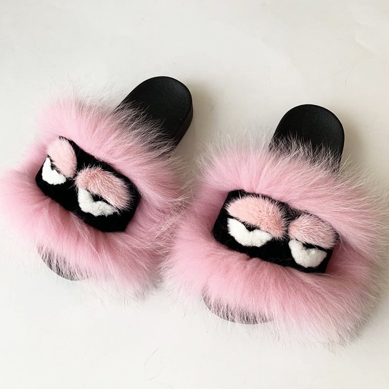 Popular New Design Multicolor Fox Monster Fur Sandals Slides Slippers For women eyes styles