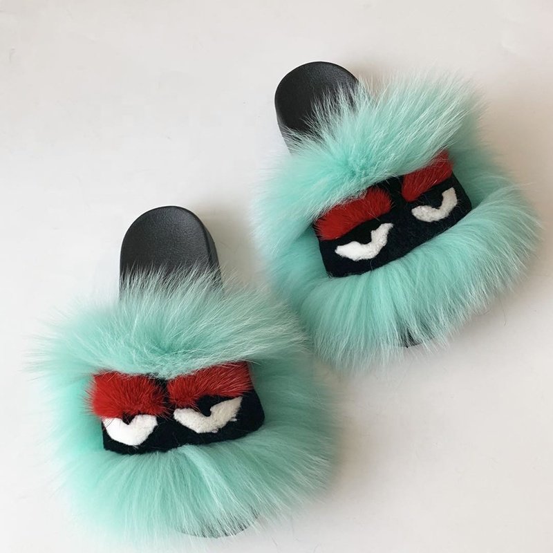 Popular New Design Multicolor Fox Monster Fur Sandals Slides Slippers For women eyes styles