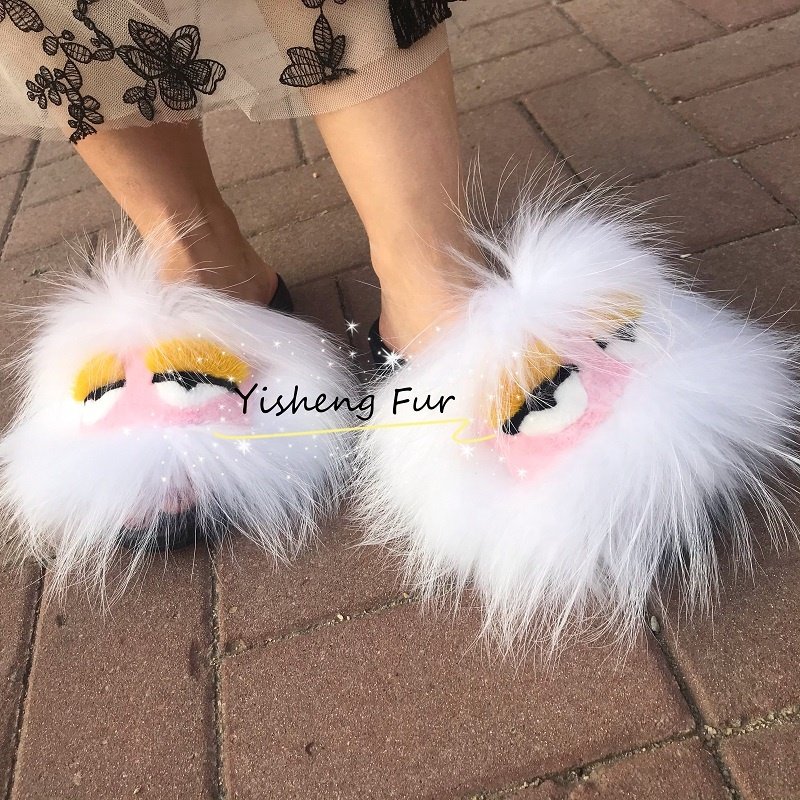 Popular New Design Multicolor Fox Monster Fur Sandals Slides Slippers For women eyes styles