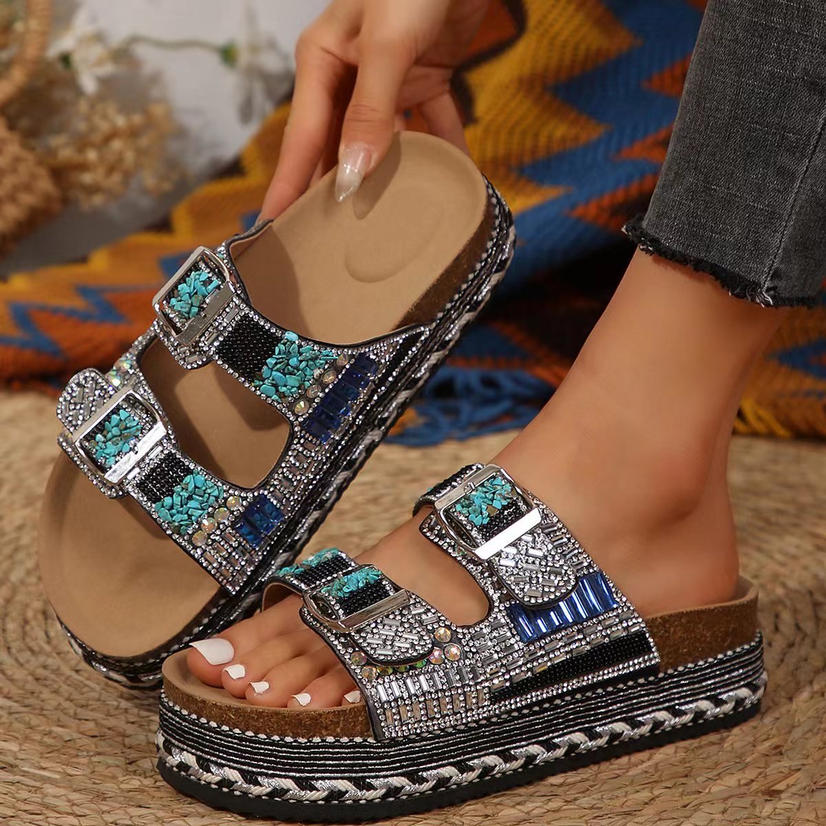 2024 Newest Colorful Diamond Beaded Ethnic Thick Sole Sandals for Women Double Cross Strap Platform Straw Sole Cork Slipper