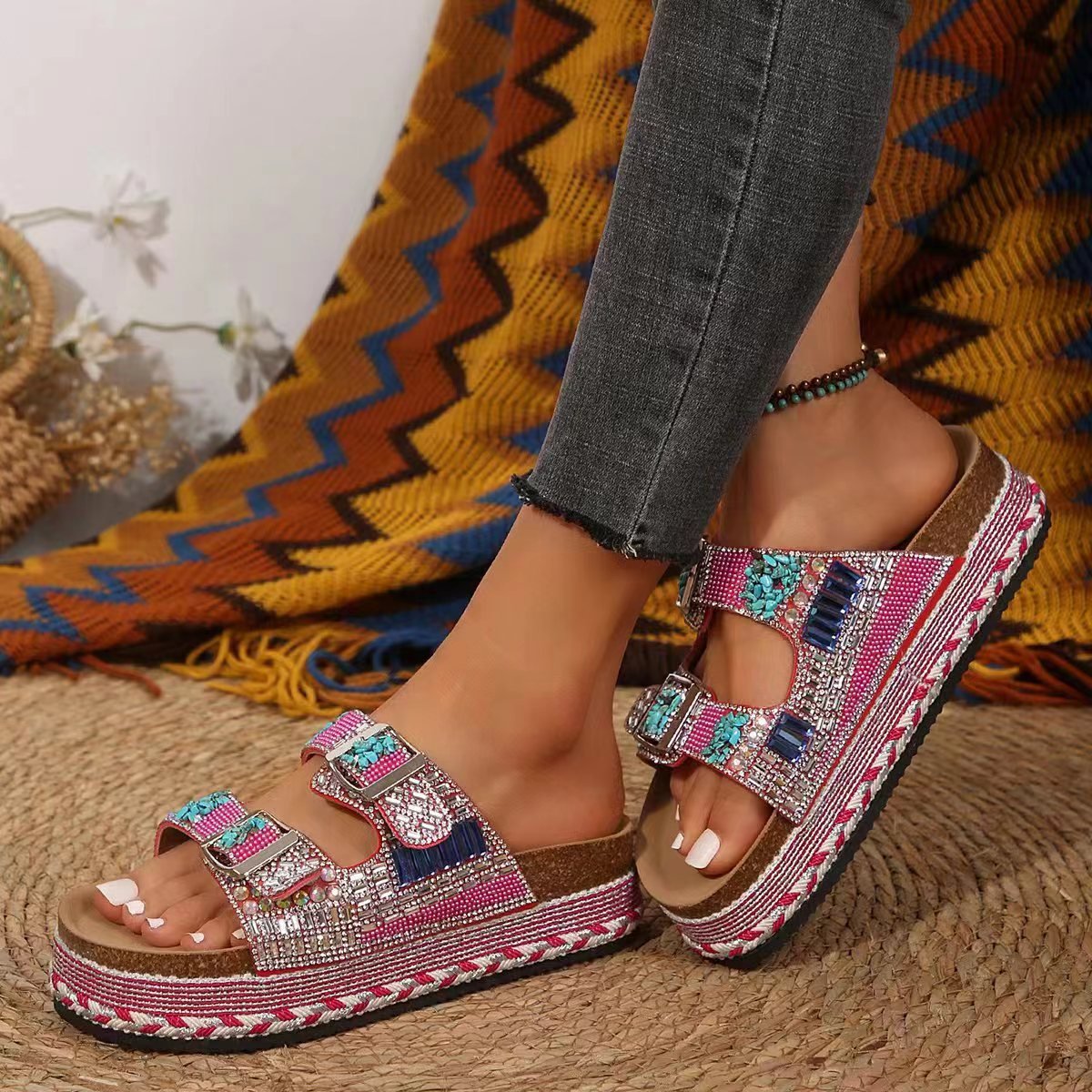 2024 Newest Colorful Diamond Beaded Ethnic Thick Sole Sandals for Women Double Cross Strap Platform Straw Sole Cork Slipper