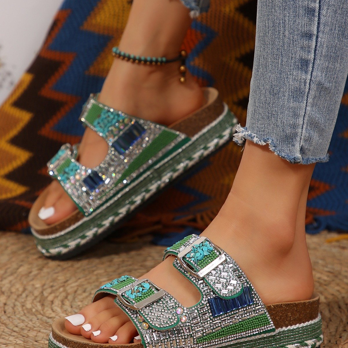 2024 Newest Colorful Diamond Beaded Ethnic Thick Sole Sandals for Women Double Cross Strap Platform Straw Sole Cork Slipper