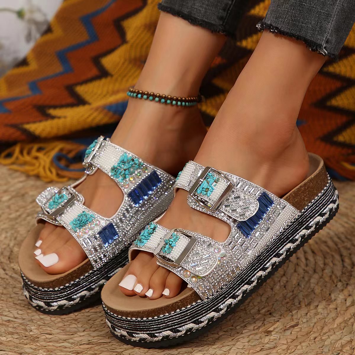 2024 Newest Colorful Diamond Beaded Ethnic Thick Sole Sandals for Women Double Cross Strap Platform Straw Sole Cork Slipper