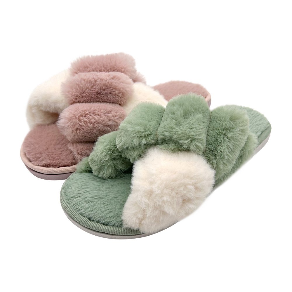 Women's Comfy Faux Fur Cross Band Home Slippers for Ladies Open Toe Indoor Outdoor Fluffy Furry Plush Slide Slippers