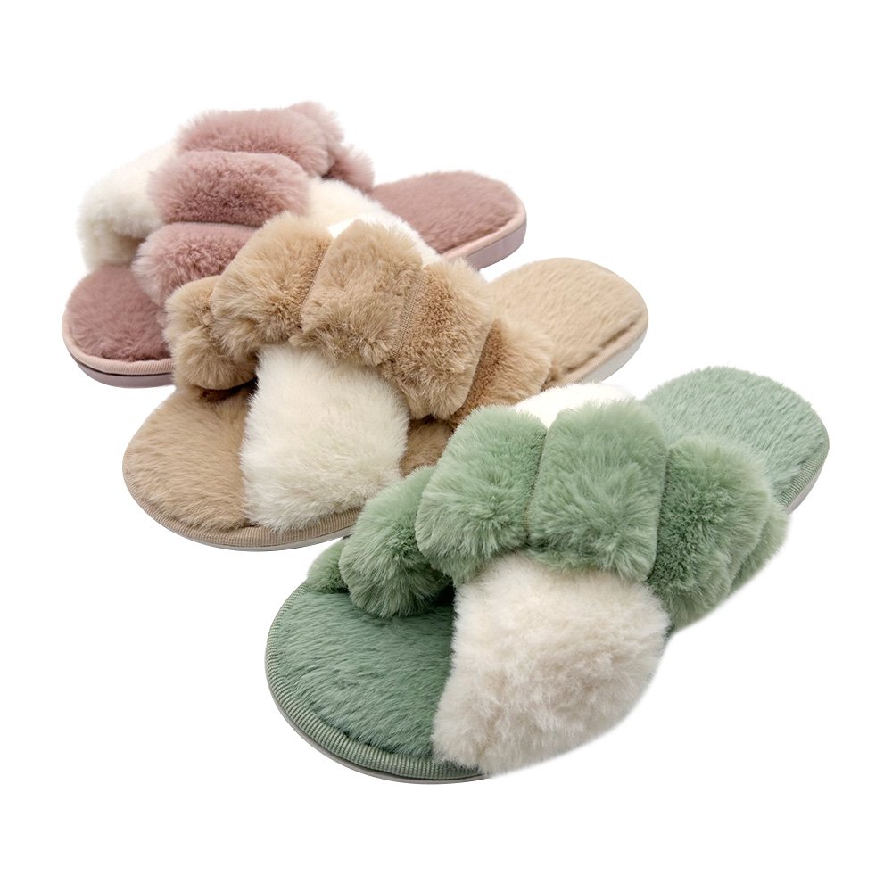 Women's Comfy Faux Fur Cross Band Home Slippers for Ladies Open Toe Indoor Outdoor Fluffy Furry Plush Slide Slippers