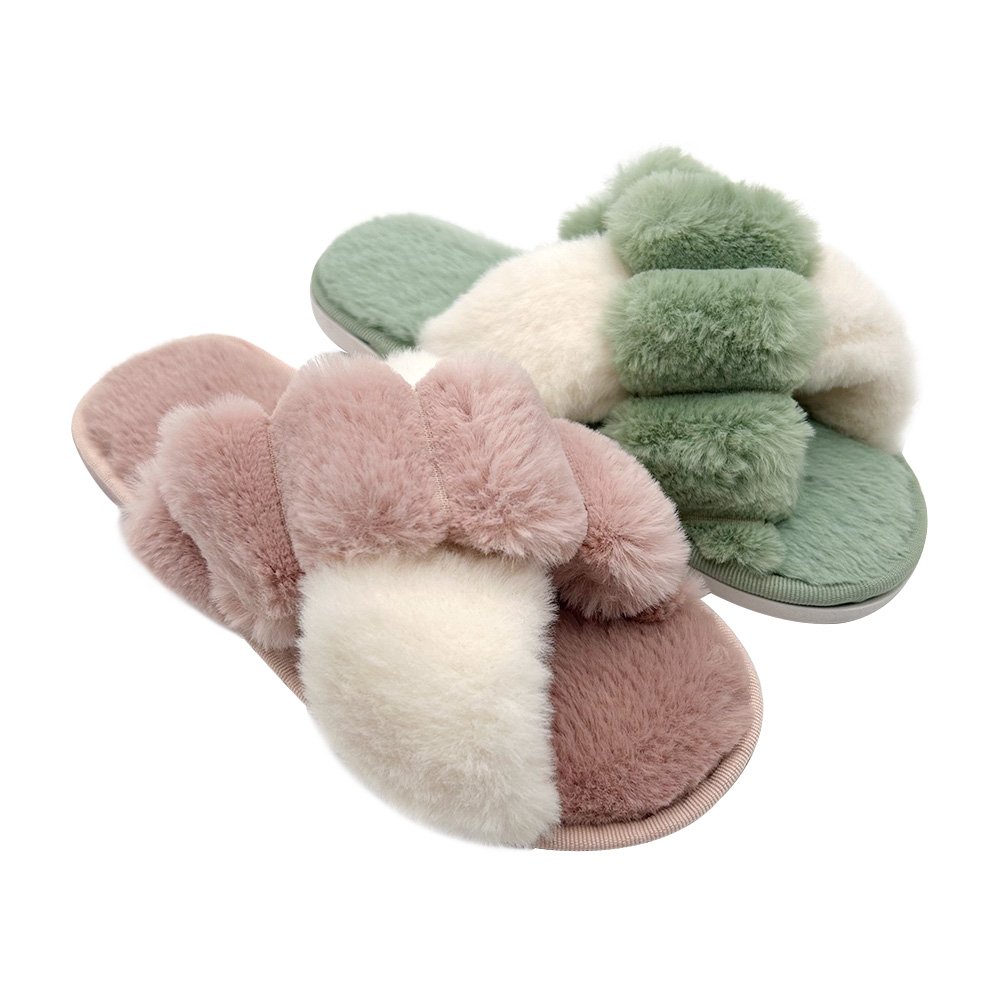 Women's Comfy Faux Fur Cross Band Home Slippers for Ladies Open Toe Indoor Outdoor Fluffy Furry Plush Slide Slippers