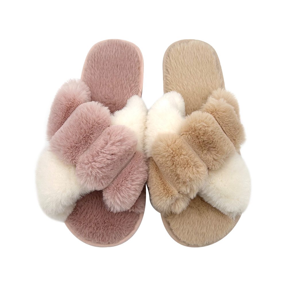 Women's Comfy Faux Fur Cross Band Home Slippers for Ladies Open Toe Indoor Outdoor Fluffy Furry Plush Slide Slippers