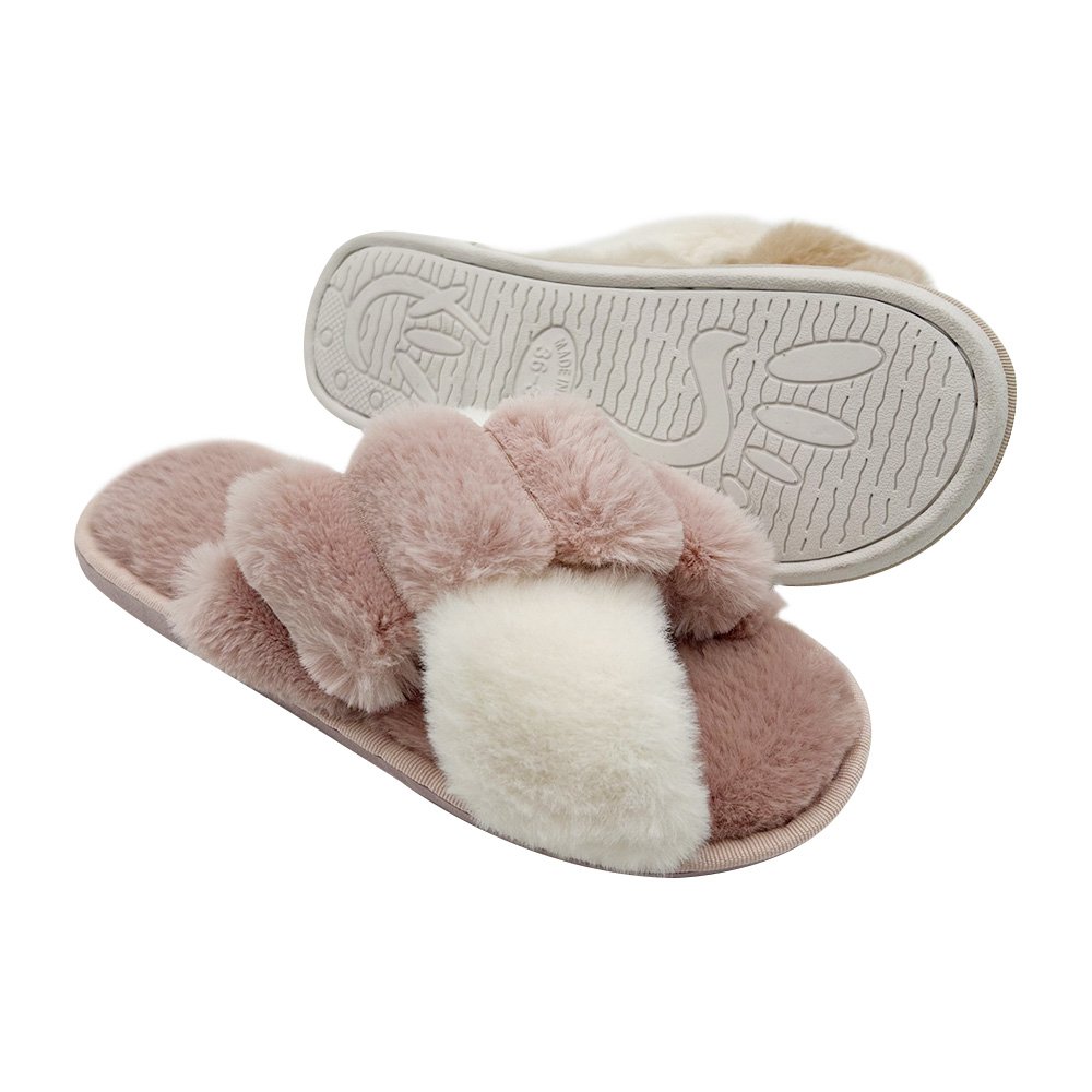 Women's Comfy Faux Fur Cross Band Home Slippers for Ladies Open Toe Indoor Outdoor Fluffy Furry Plush Slide Slippers