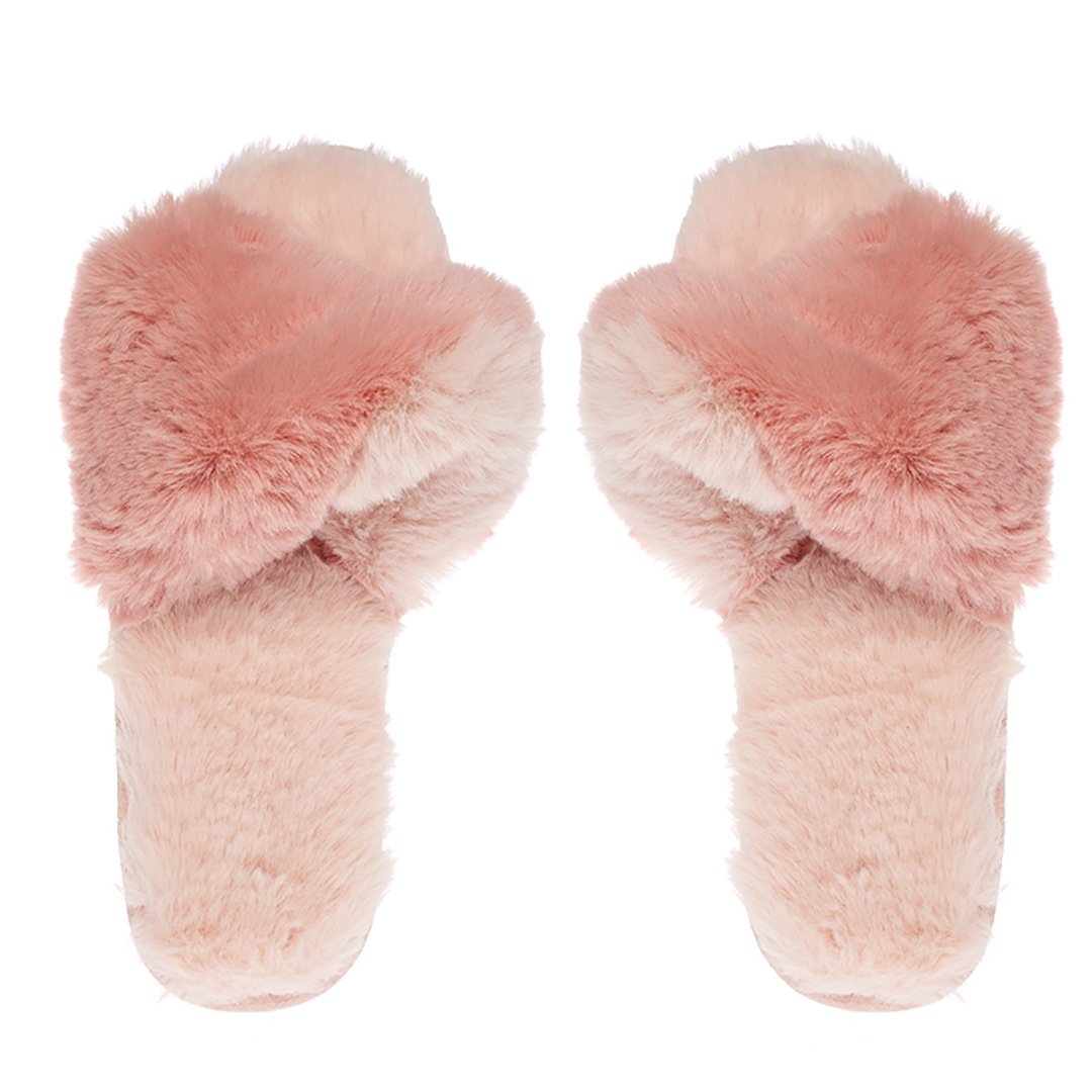 Slip on Cross Over Open Toe Fluffy Fur Women Indoor Slides Slippers