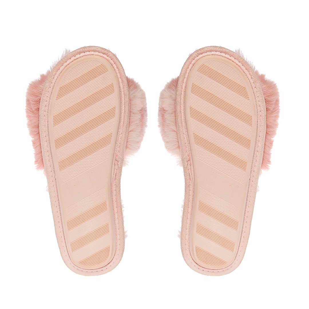 Slip on Cross Over Open Toe Fluffy Fur Women Indoor Slides Slippers