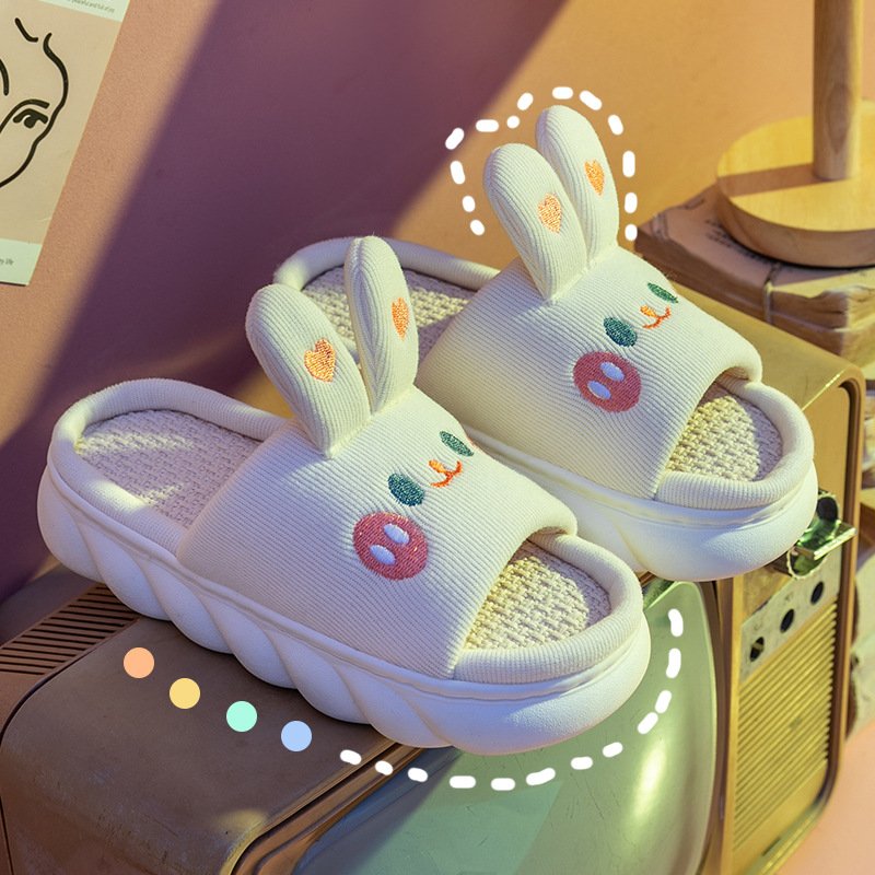 Cute Bunny Clouds Linen Slipper for Women Cozy Bedroom Slides Platform Sandals with EVA Insole for Couples Including Man