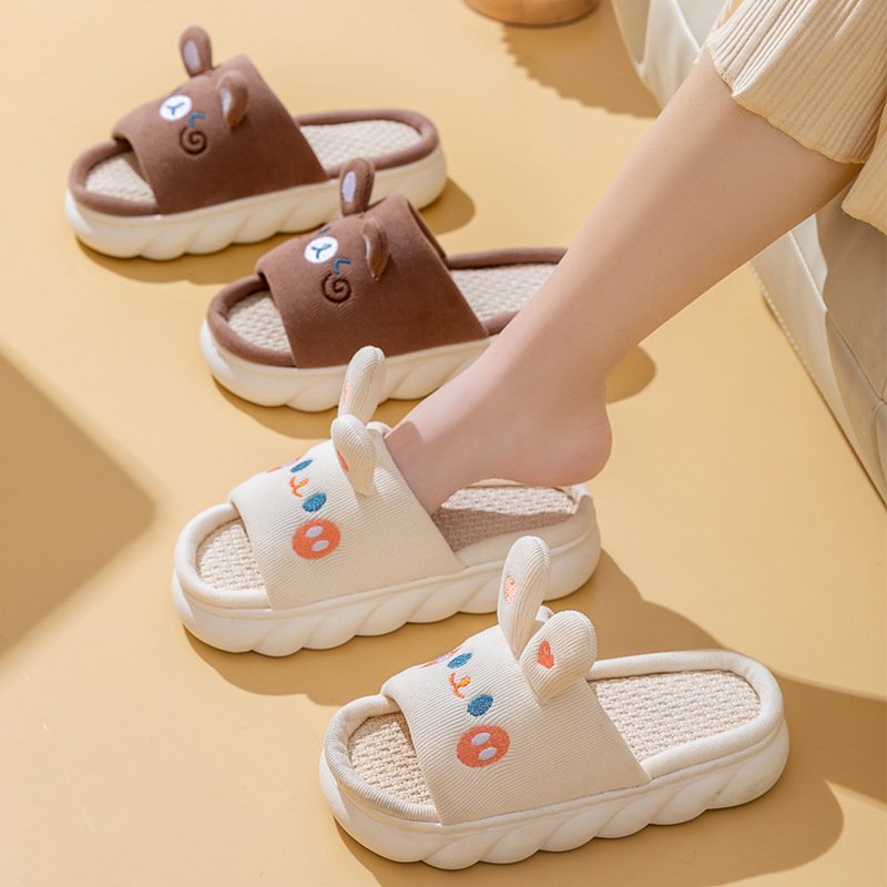 Cute Bunny Clouds Linen Slipper for Women Cozy Bedroom Slides Platform Sandals with EVA Insole for Couples Including Man