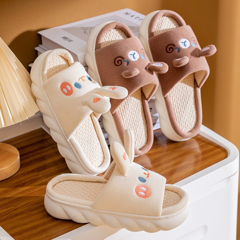 Cute Bunny Clouds Linen Slipper for Women Cozy Bedroom Slides Platform Sandals with EVA Insole for Couples Including Man