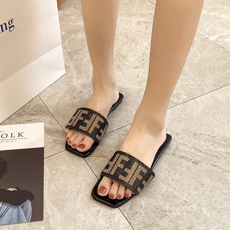 2024 new style Diamonds square toe female outside wear women's shoes slides large size twinkle Slipper for Women