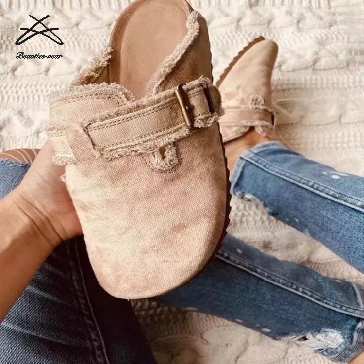 New Arrival Summer Women Casual Cow Print Flat Half Slip On Shoes Slides Canvas Slides Slippers Sandals Shoes