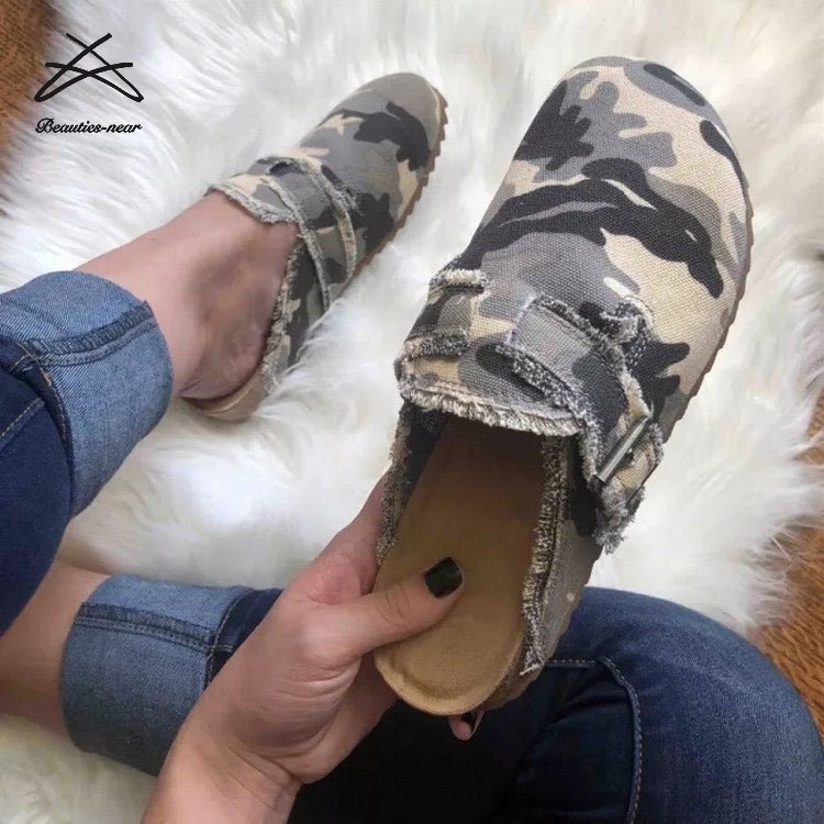 New Arrival Summer Women Casual Cow Print Flat Half Slip On Shoes Slides Canvas Slides Slippers Sandals Shoes