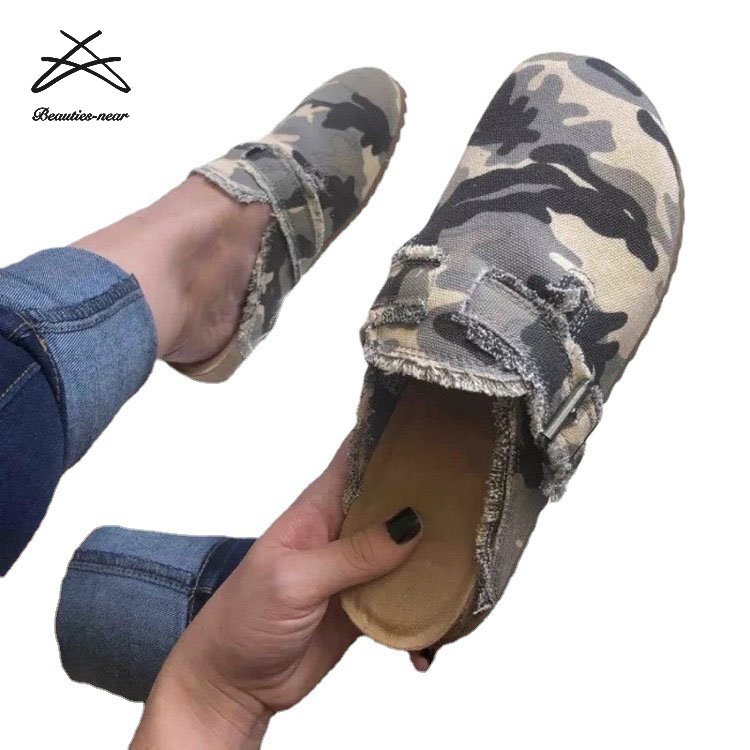 New Arrival Summer Women Casual Cow Print Flat Half Slip On Shoes Slides Canvas Slides Slippers Sandals Shoes