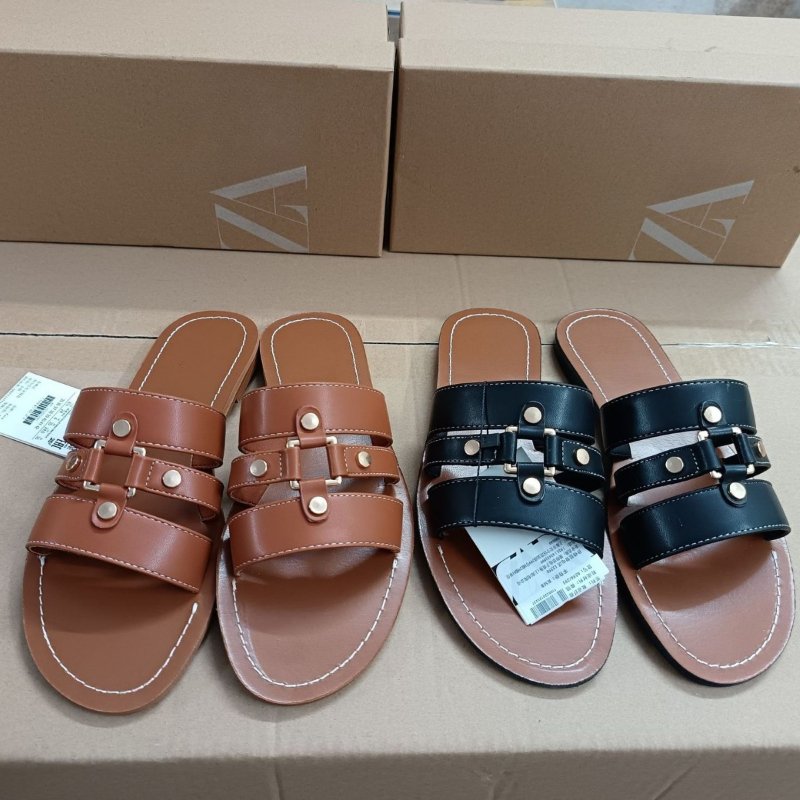 Big size 42 Famous ZA shoes 2024 summer brown round toe open toe slides slippers designer beach casual women's shoes
