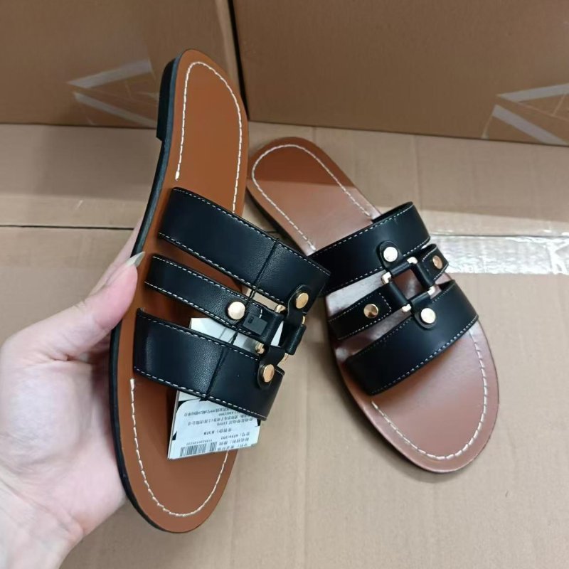 Big size 42 Famous ZA shoes 2024 summer brown round toe open toe slides slippers designer beach casual women's shoes