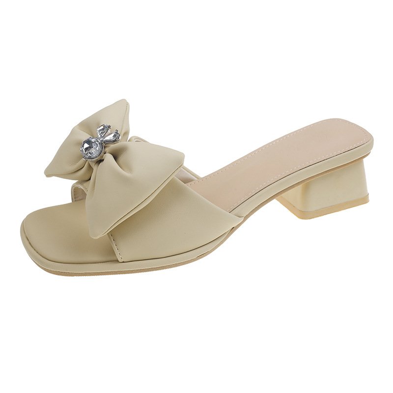 2023 Ins Style Black White Bow Ties Pu Leather Lady High Heel Dress Shoes Women Sandal Slides Slippers
