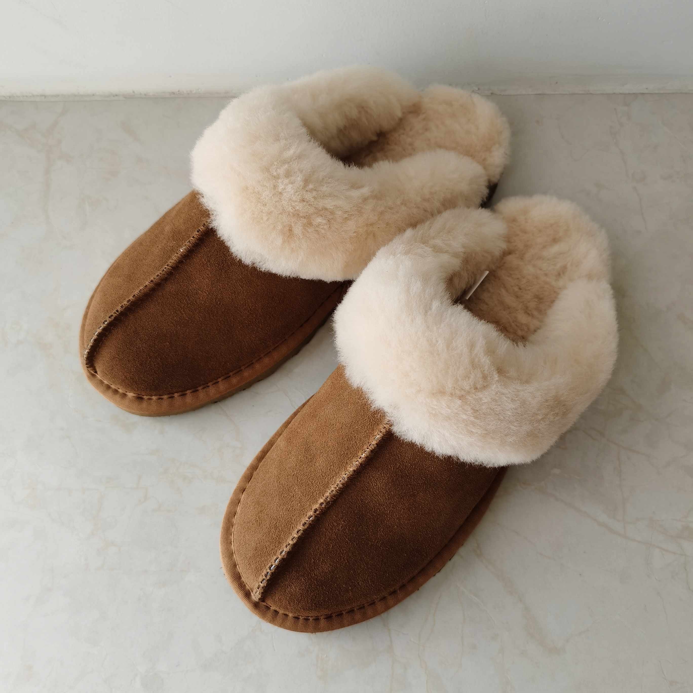Fuzzy House Real Sheepskin Fur Slippers Furry Natural Fur Shoes Cozy Indoor Winter Home Real Wool Slide Real Cow Leather Slipper