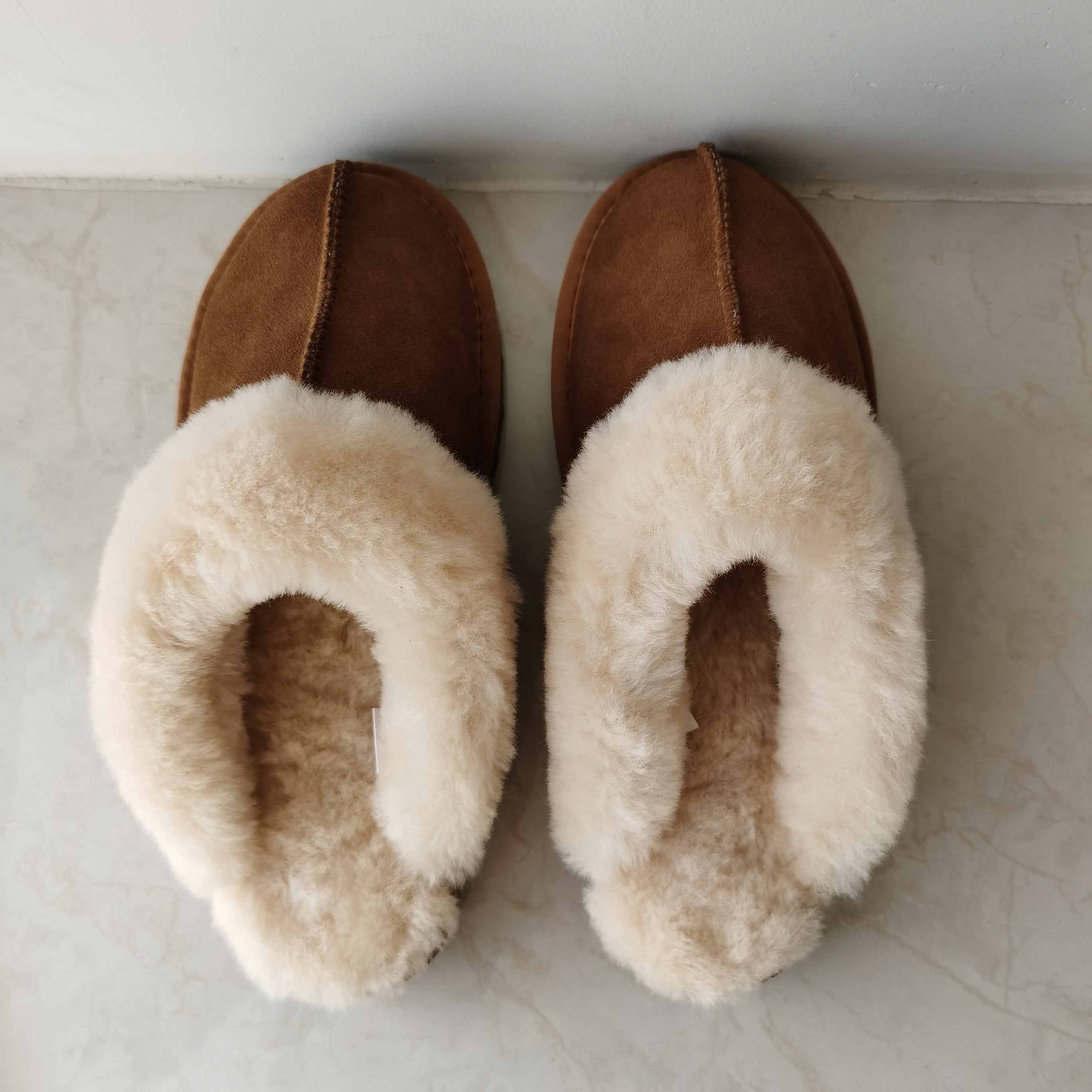 Fuzzy House Real Sheepskin Fur Slippers Furry Natural Fur Shoes Cozy Indoor Winter Home Real Wool Slide Real Cow Leather Slipper