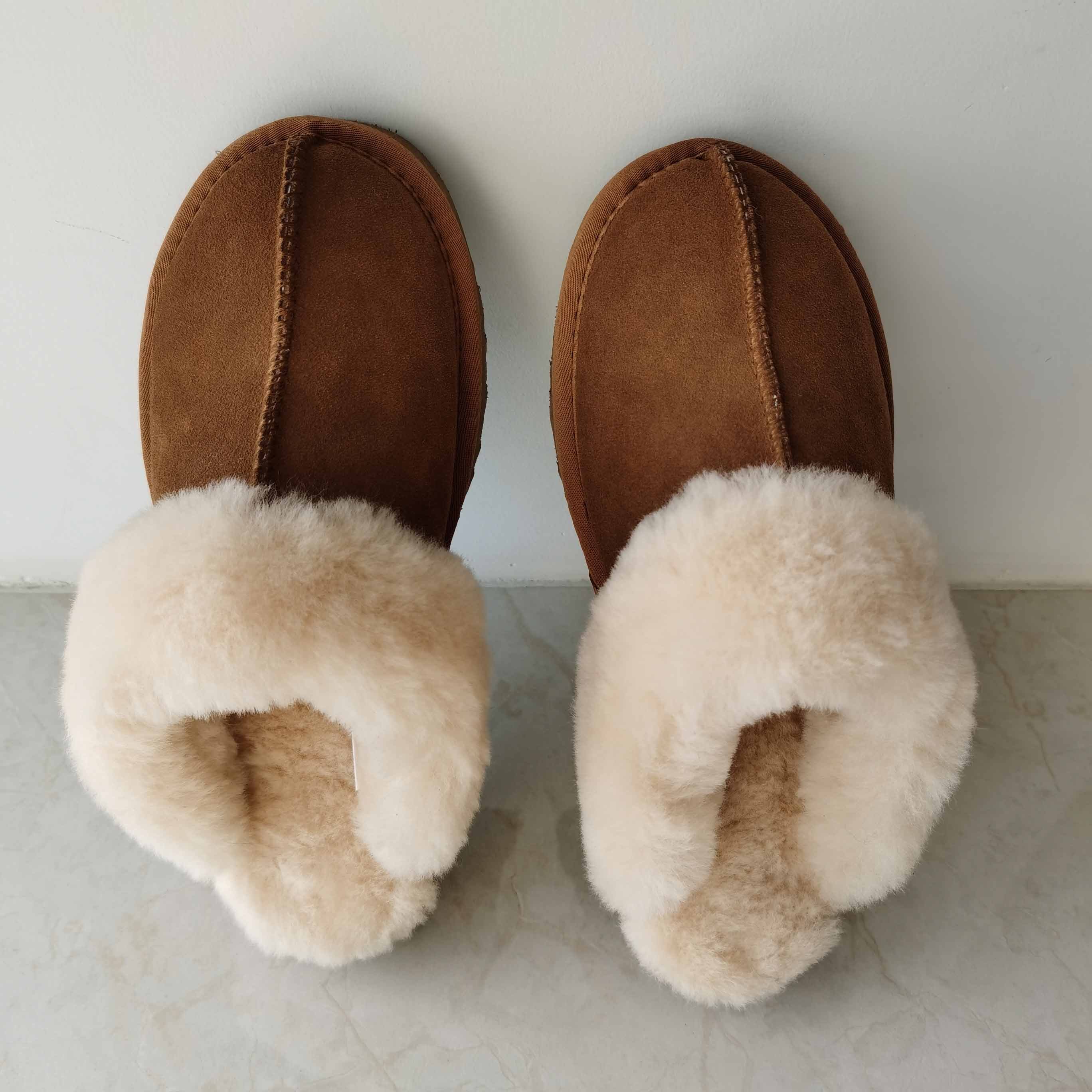 Fuzzy House Real Sheepskin Fur Slippers Furry Natural Fur Shoes Cozy Indoor Winter Home Real Wool Slide Real Cow Leather Slipper