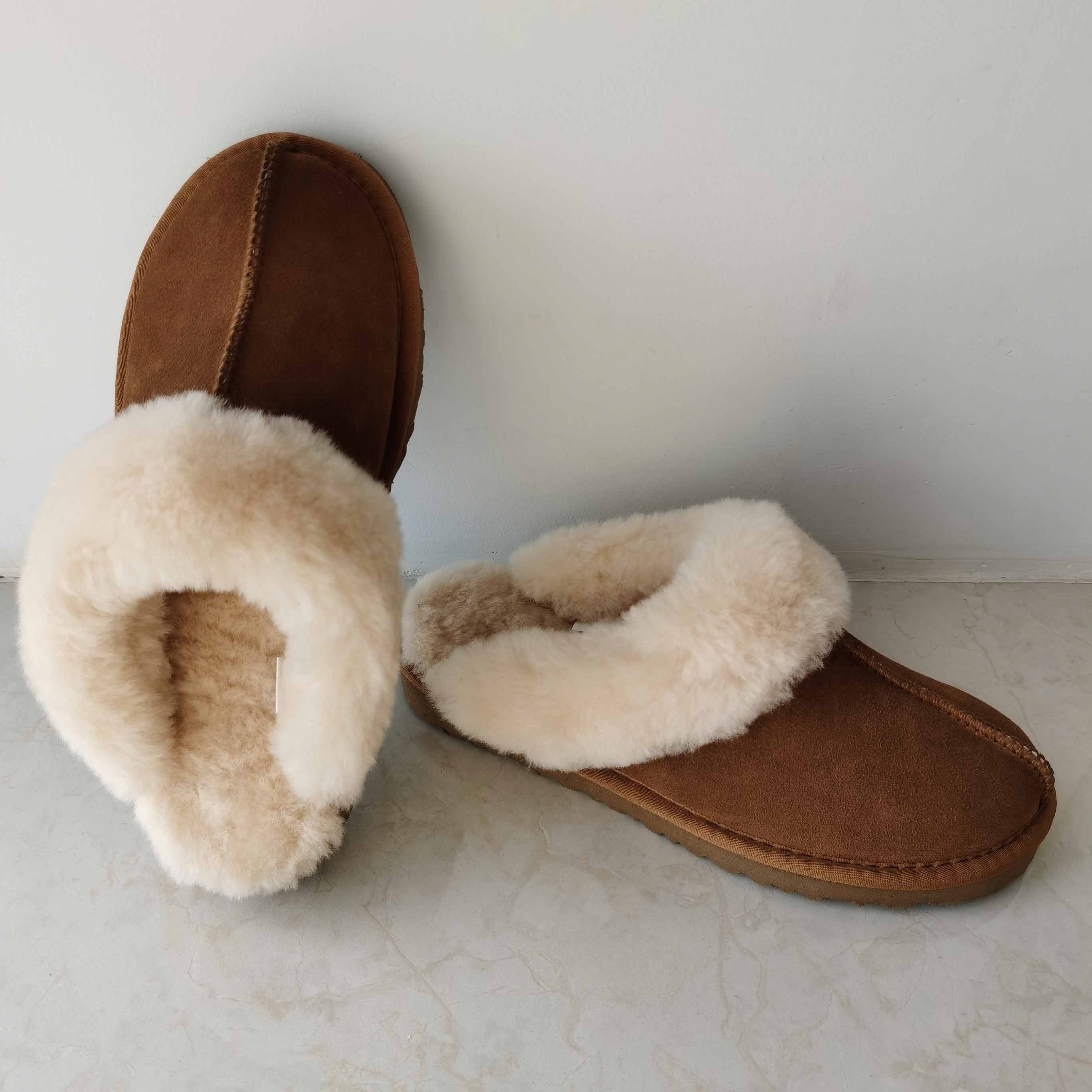 Fuzzy House Real Sheepskin Fur Slippers Furry Natural Fur Shoes Cozy Indoor Winter Home Real Wool Slide Real Cow Leather Slipper