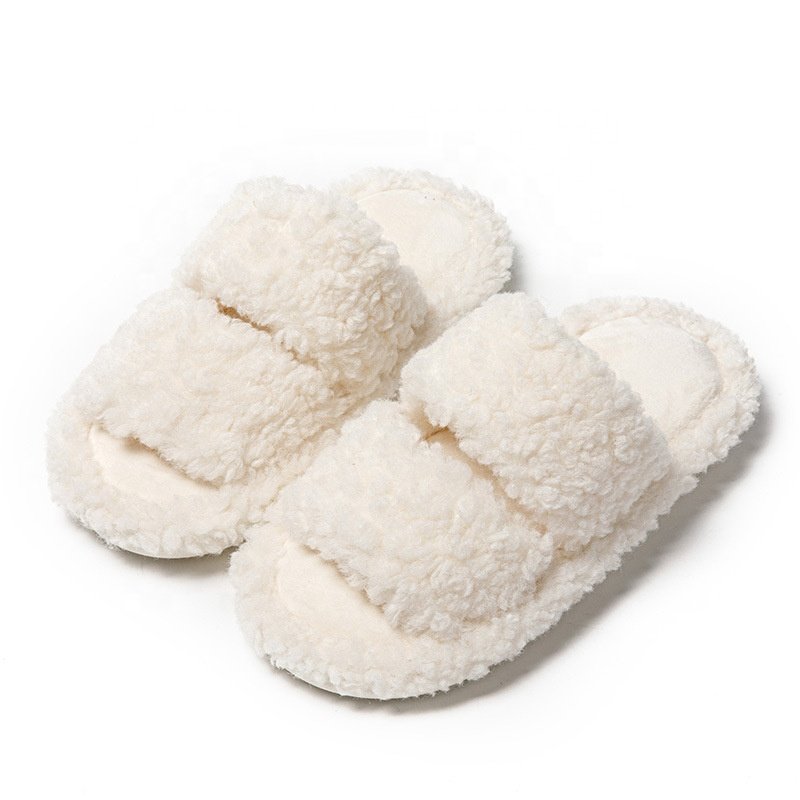Germany Hot Sale Red Color Warm Double Strap Furry Lamb Curly Fluffy Flat Slippers Women Plush Indoor Fur Slides Slippers