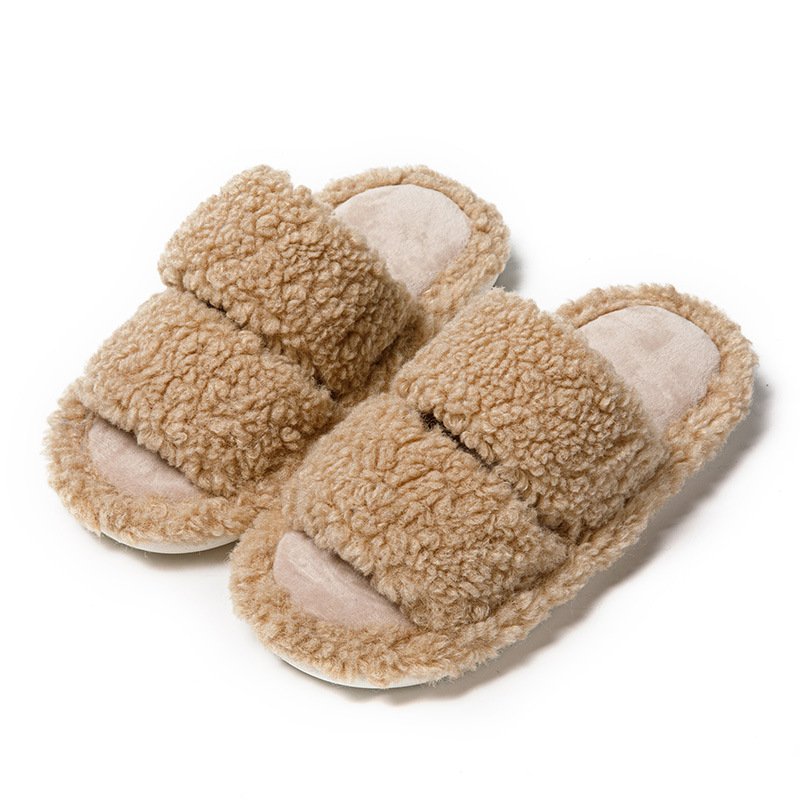 Germany Hot Sale Red Color Warm Double Strap Furry Lamb Curly Fluffy Flat Slippers Women Plush Indoor Fur Slides Slippers