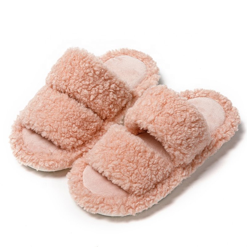 Germany Hot Sale Red Color Warm Double Strap Furry Lamb Curly Fluffy Flat Slippers Women Plush Indoor Fur Slides Slippers