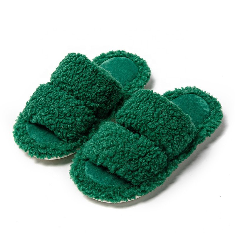 Germany Hot Sale Red Color Warm Double Strap Furry Lamb Curly Fluffy Flat Slippers Women Plush Indoor Fur Slides Slippers